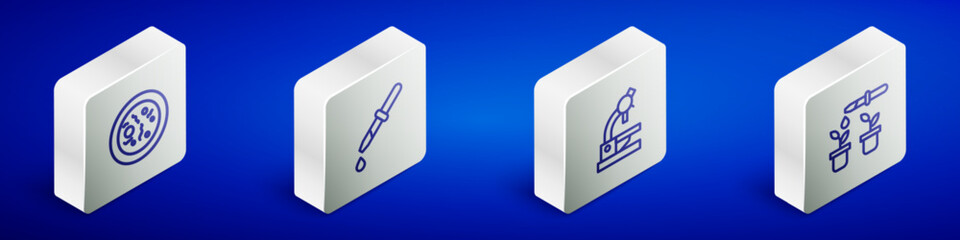 Set Isometric line Petri dish with bacteria, Pipette, Microscope and and plant icon. Vector