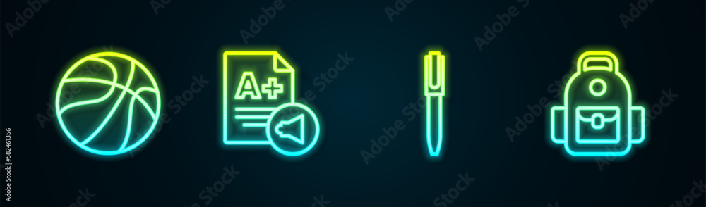 Poster set line basketball ball, exam sheet with a plus grade, pen and school backpack. glowing neon icon. 