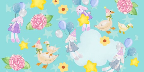 Happy Easter watercolor cards border banner cute rabbit, eggs, duck spring flowers botanical kawaii style