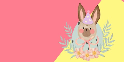 Happy Easter watercolor cards border banner cute rabbit, eggs, duck spring flowers botanical kawaii style