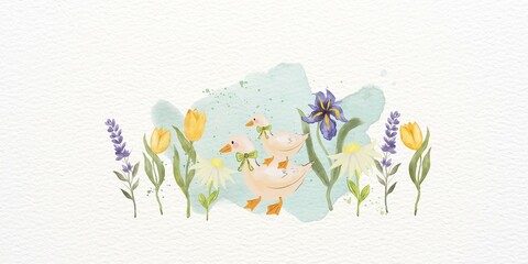 Happy Easter watercolor cards border banner cute rabbit, eggs, duck spring flowers botanical kawaii style
