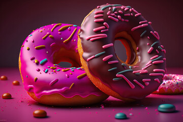 Close-up tasty sweet different colored donuts on pink background, Various decorated doughnuts . AI Generative