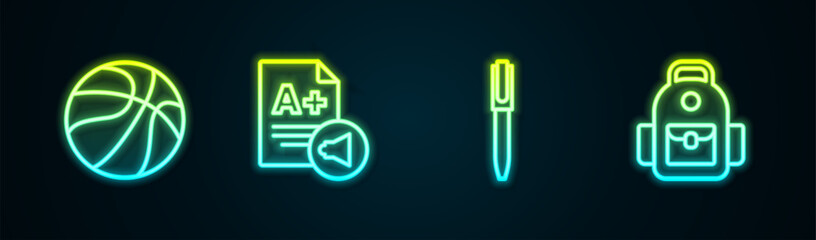 Set line Basketball ball, Exam sheet with A plus grade, Pen and School backpack. Glowing neon icon. Vector