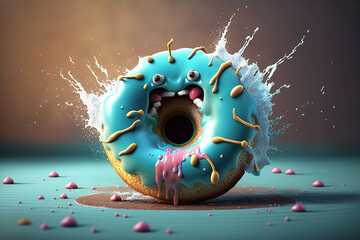 Cute funny doughnut cartoon, tasty sweet colored donuts on blue background, character with sprinkles AI Generative
