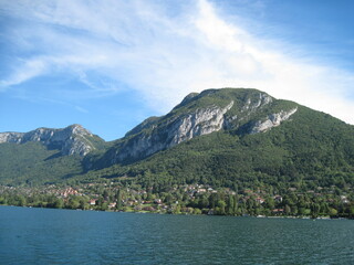 Scenic morning view of lake and mountains in Annecy, Haute Savoie, France.
