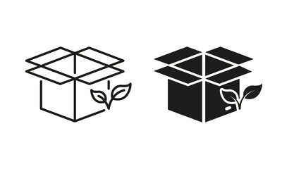 Bio Organic Box for Delivery Line and Silhouette Icon Set. Ecology Natural Recycle Package with Leaf Pictogram. Eco Recycling Cardboard Pack Symbol Collection. Isolated Vector Illustration