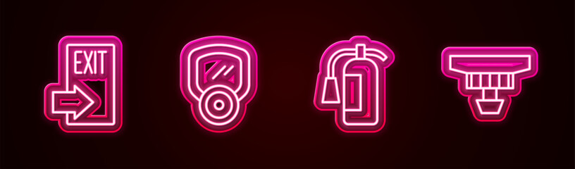 Set line Fire exit, Gas mask, extinguisher and Smoke alarm system. Glowing neon icon. Vector
