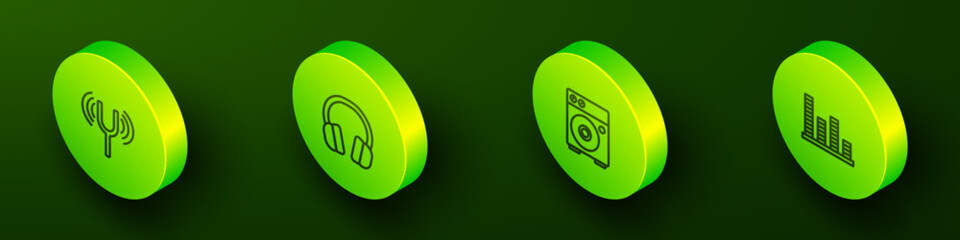 Set Isometric line Musical tuning fork, Headphones, Guitar amplifier and equalizer icon. Vector