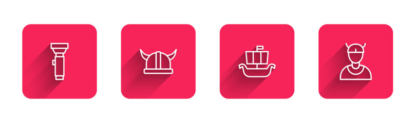 Set line Flashlight, Viking in horned helmet, ship Drakkar and head with long shadow. Red square button. Vector