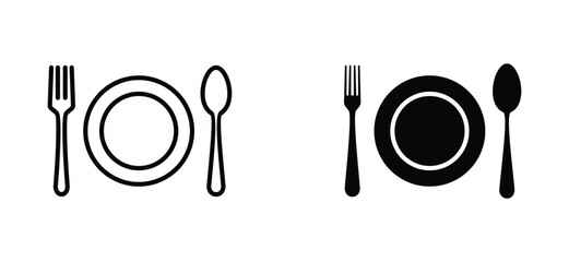 Fork, spoon, and plate icon. Cutlery icon set in line and flat style. Dinnerware icon symbol. Restaurant sign and symbol. Vector illustration