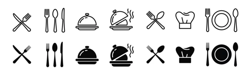 Keuken spatwand met foto Fork, spoon, knife, plate, chef hat, and cloche or tray icon. Cutlery icon set in line and flat style. Dinnerware icon symbol. Restaurant sign and symbol. Vector illustration © Vilogsign
