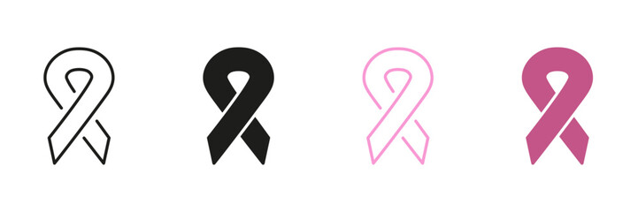 Support People with Breast Cancer. Awareness Day Black and Pink Symbol Collection. Cancer Ribbon Loop Line and Silhouette Icon Set. Hope, Tolerance Campaign Pictogram. Isolated Vector Illustration