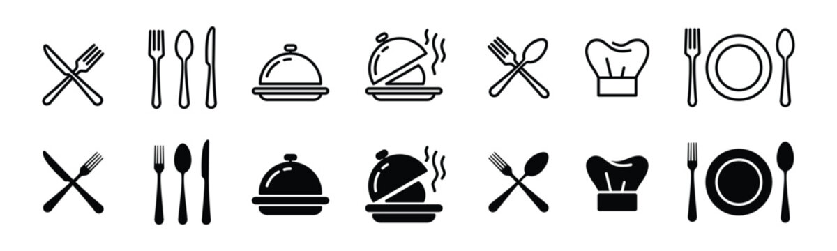 Fork, spoon, knife, plate, chef hat, and cloche or tray icon. Cutlery icon set in line and flat style. Dinnerware icon symbol. Restaurant sign and symbol. Vector illustration