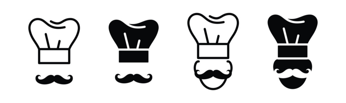 Chef icon. Chef hat icon set. Moustache chef sign and symbol in line and flat style. Vector illustration