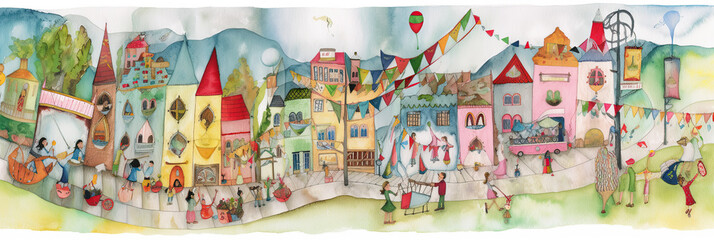 Obraz premium A watercolor style town with colorful houses. Wide format. Generative AI.