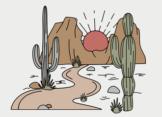 Wild west desert landscape with mountains and cactus. retro cartoon vector illustration