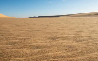 Barren desert landscape in hot climate with sand dunes