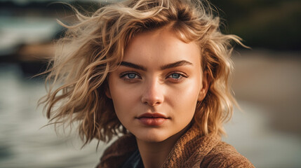 beautifull blonde female model at a beach with her hair waiving in the wind, with a short curly bob and an intense look. generative ai 