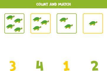 Counting game for kids. Count all sea turtle and match with numbers. Worksheet for children.