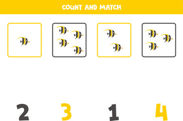 Counting game for kids. Count all Moorish idol fish and match with numbers. Worksheet for children.