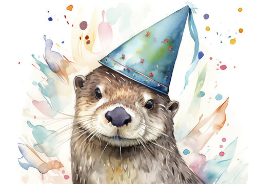 otter wearing a birthday party hat