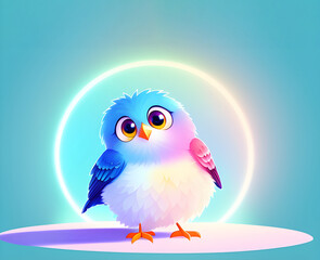 Obraz premium cute baby owl in neon circle on blue background. generative ai
