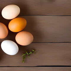 Chicken eggs on brown boards. Still life of red and white eggs for Easter. Still life photography with food, top view.