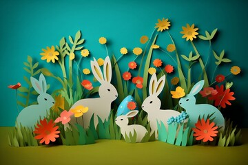 Fototapeta na wymiar Easter background with eggs and bunnies, paper art