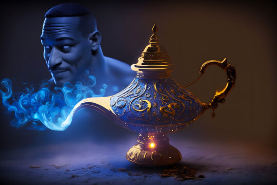 Lamp of wishes magic light blue smoke coming out of the bottle and a blue genie with the appearance of a male genie who grants three wishes. Generative AI