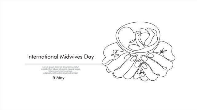 International midwives day. Continuous one line drawing of hands holding a newborn baby. Concept of protect child, save child.