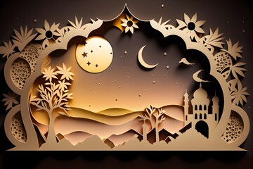 Artistic illustration of month Ramadan and Eid al Fitr Generative AI