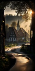 Misty european village morning Generative AI