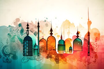 Artistic illustration of month Ramadan and Eid al Fitr Generative AI