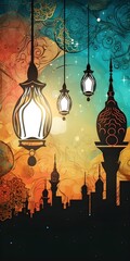Artistic illustration of month Ramadan and Eid al Fitr Generative AI