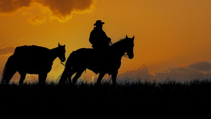 Obraz na płótnie Canvas Cowboy with pack horse silhouette