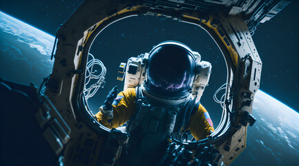Fototapeta premium An astronaut in a spacesuit, standing atop a space shuttle, looking out into the vastness of outer space.