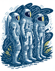Postcard for the International Day of Astronautics, rocket, space shuttle, astronauts in spacesuits