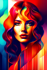 Abstract composition of a beautiful woman, portrayed in a modern and decorative style. Colourful and unique pattern incorporating various elements such as fashion, and creativity - Generative AI