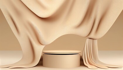 A luxurious 3D podium with a nude silk curtain billowing in the wind against a beige backdrop. Perfect for showcasing beauty and cosmetic products. Generative ai
