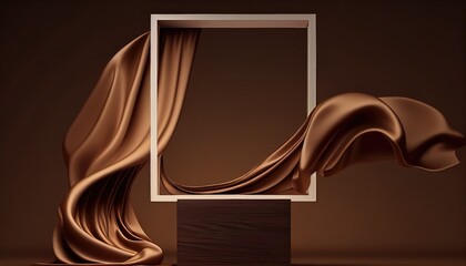 3D background. Podium display mockup. Brown silk cloth in motion. Gold frame for Beauty, product, cosmetic presentation. Feminine scene with pedestal.  Generative AI Technology