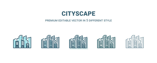 cityscape icon in 5 different style. Outline, filled, two color, thin cityscape icon isolated on white background. Editable vector can be used web and mobile