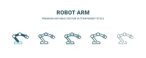 robot arm icon in 5 different style. Outline, filled, two color, thin robot arm icon isolated on white background. Editable vector can be used web and mobile