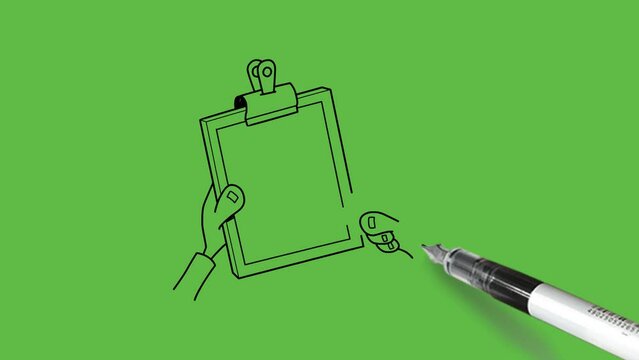 Draw close rectangle shape paper board with clip, three square, lines and pen caught by human hands with black outline on abstract green screen background
