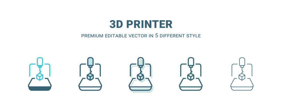 3d printer icon in 5 different style. Outline, filled, two color, thin 3d printer icon isolated on white background. Editable vector can be used web and mobile