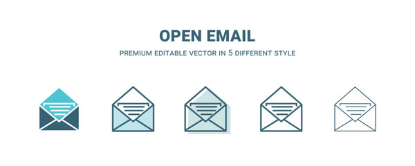 open email icon in 5 different style. Outline, filled, two color, thin open email icon isolated on white background. Editable vector can be used web and mobile