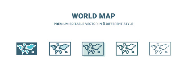 world map icon in 5 different style. Outline, filled, two color, thin world map icon isolated on white background. Editable vector can be used web and mobile
