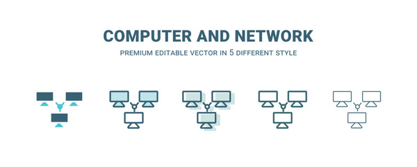 computer and network icon in 5 different style. Outline, filled, two color, thin computer and network icon isolated on white background. Editable vector can be used web and mobile