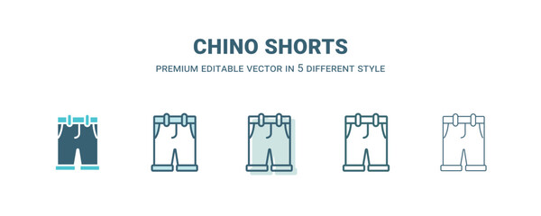 chino shorts icon in 5 different style. Outline, filled, two color, thin chino shorts icon isolated on white background. Editable vector can be used web and mobile