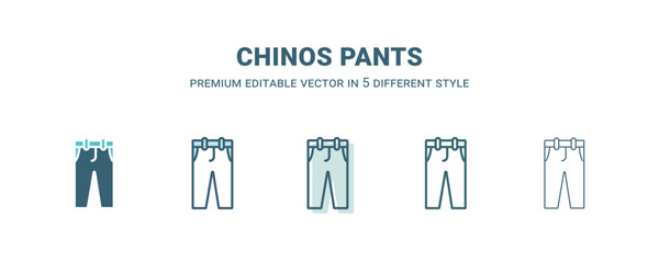 chinos pants icon in 5 different style. Outline, filled, two color, thin chinos pants icon isolated on white background. Editable vector can be used web and mobile