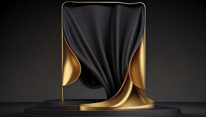 3D background. Podium display mockup. Gold silk cloth in motion. Gold frame for Beauty, product, cosmetic presentation. Feminine scene with pedestal.  Generative AI Technology